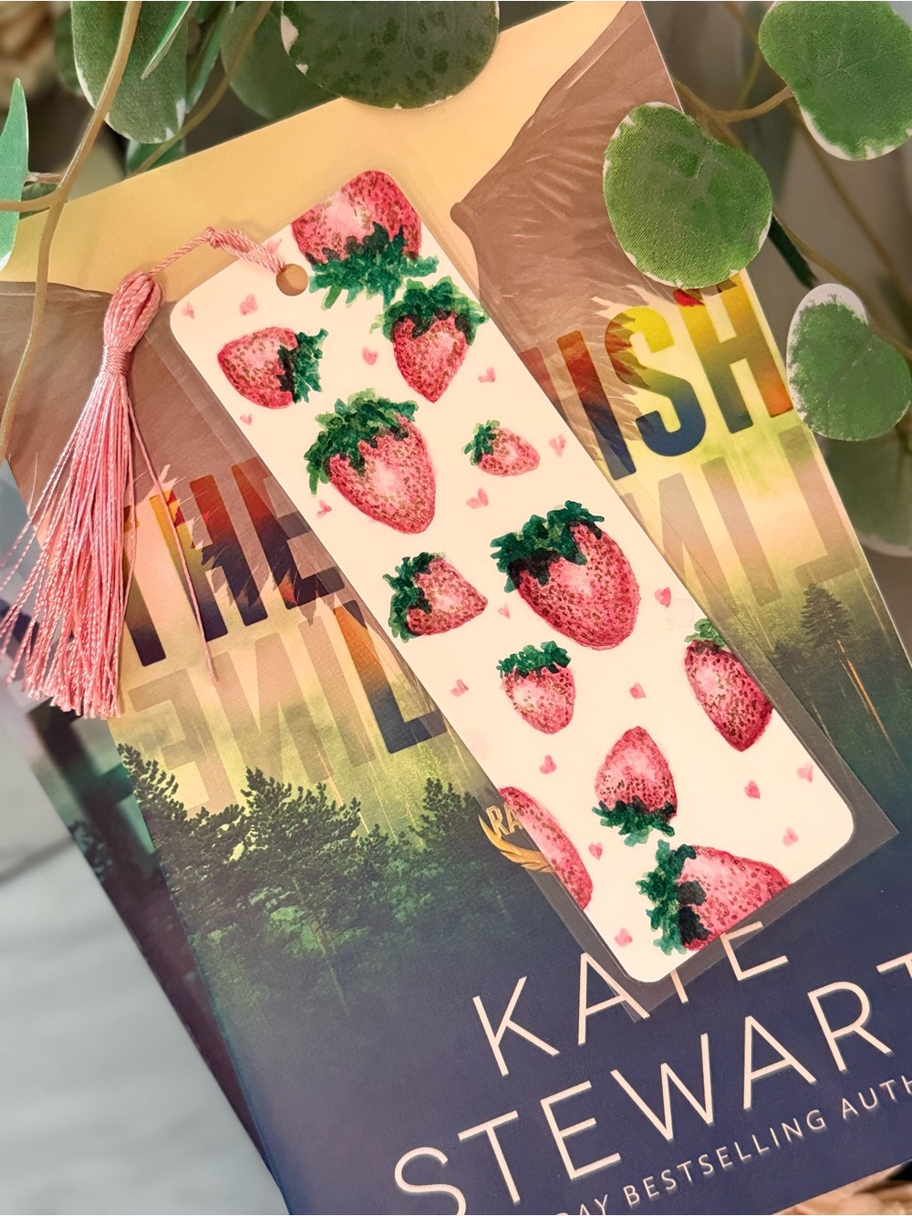 Hand-Painted Watercolor Bookmark-Strawberries and tiny hearts